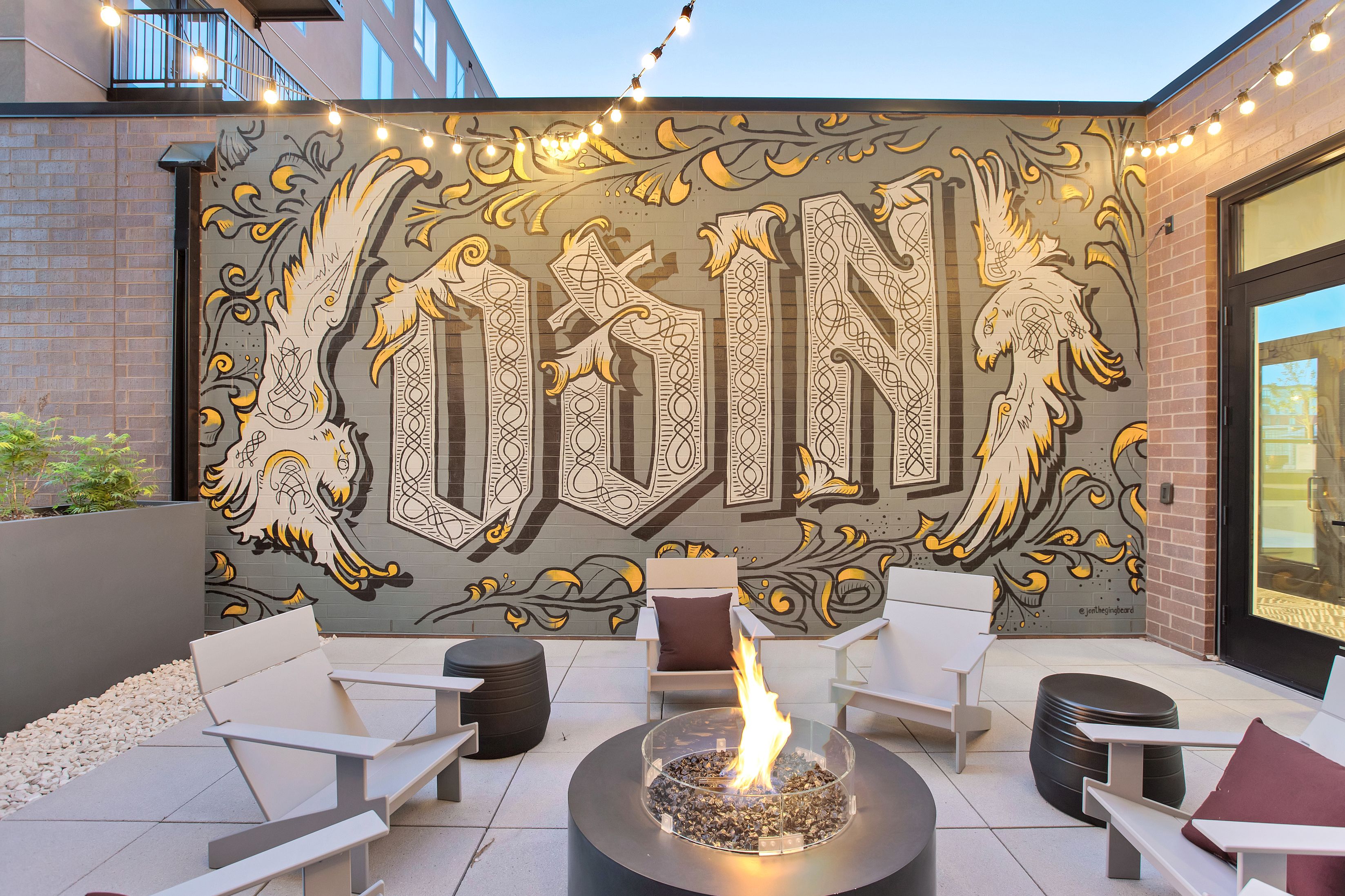 Odin mural by fire pit